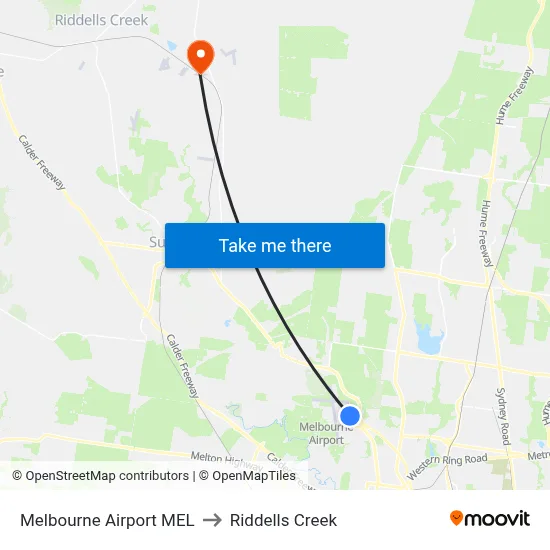 Melbourne Airport MEL to Riddells Creek map