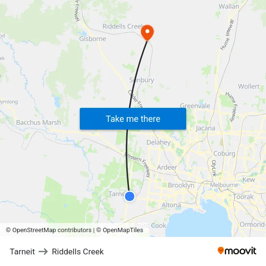Tarneit to Riddells Creek map