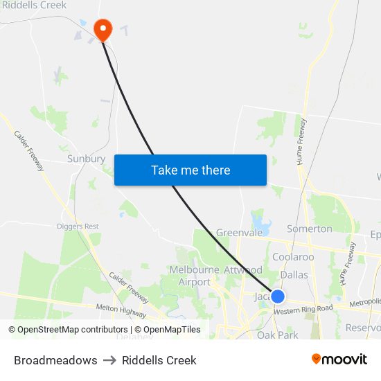 Broadmeadows to Riddells Creek map