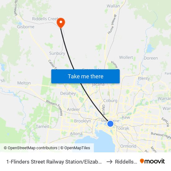 1-Flinders Street Railway Station/Elizabeth St (Melbourne City) to Riddells Creek map