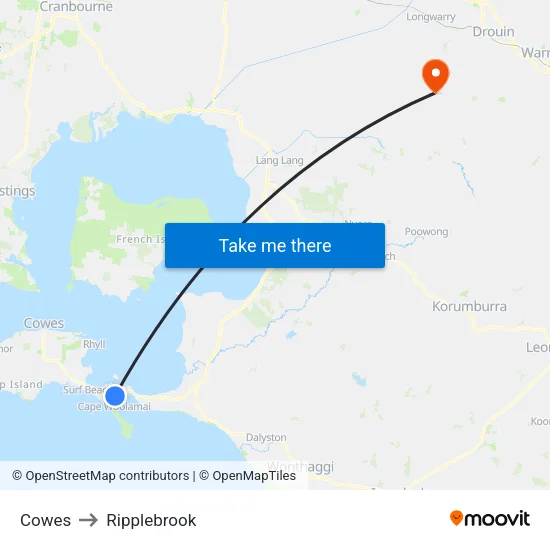 Cowes to Ripplebrook map