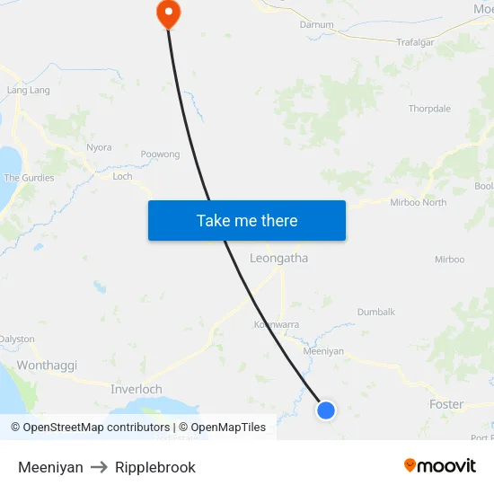 Meeniyan to Ripplebrook map
