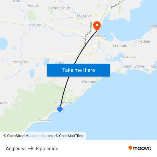 Anglesea to Rippleside map