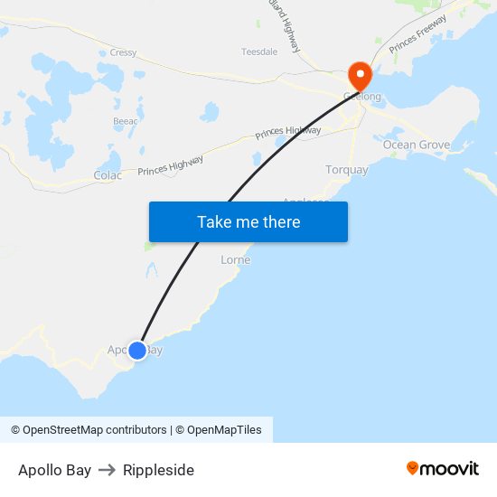 Apollo Bay to Rippleside map