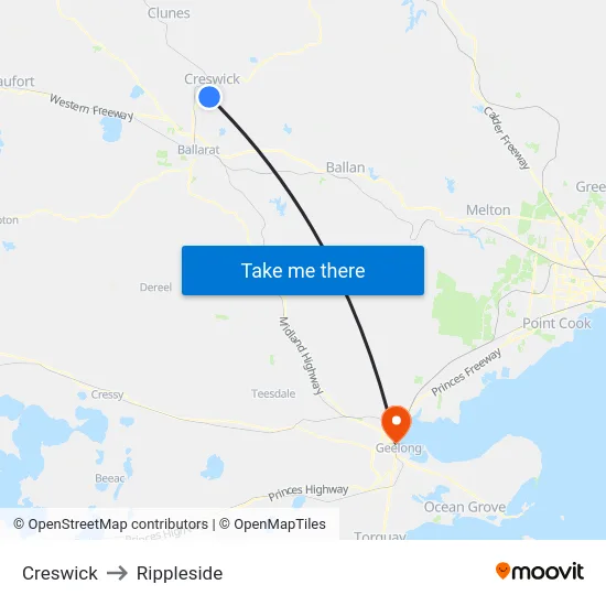 Creswick to Rippleside map
