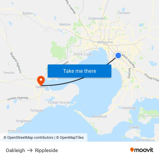 Oakleigh to Rippleside map