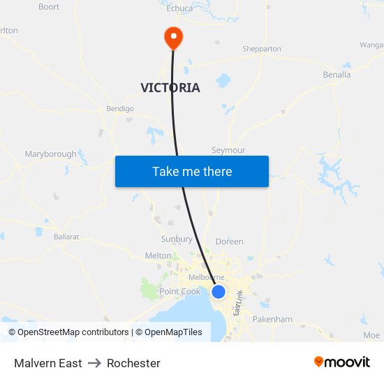 Malvern East to Rochester map