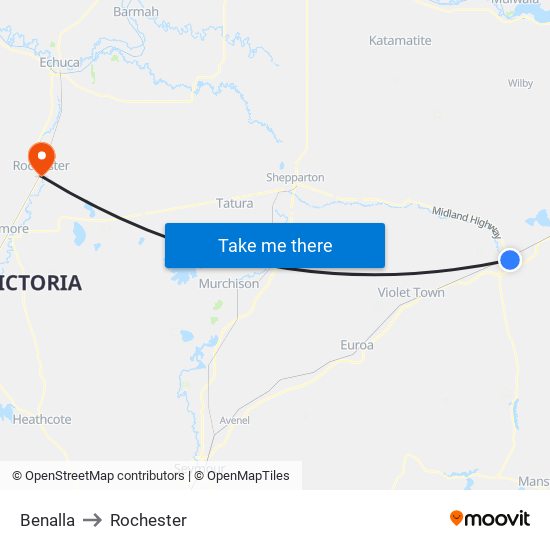 Benalla to Rochester map