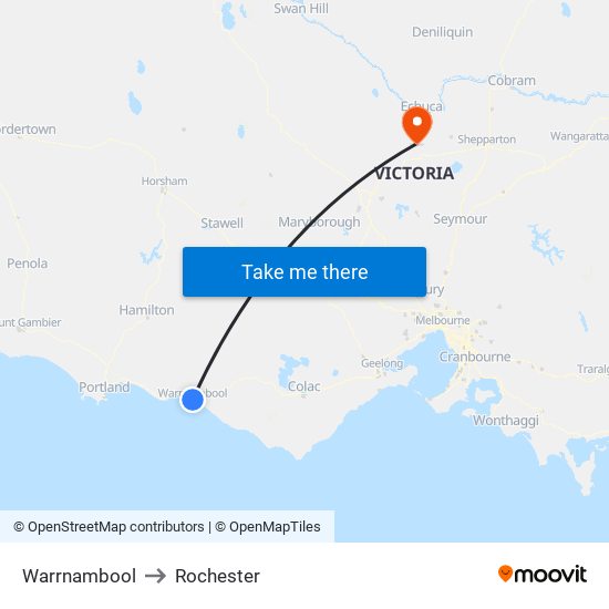 Warrnambool to Rochester map