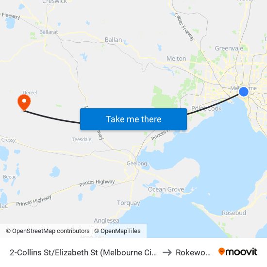 2-Collins St/Elizabeth St (Melbourne City) to Rokewood map
