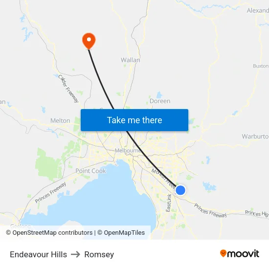 Endeavour Hills to Romsey map
