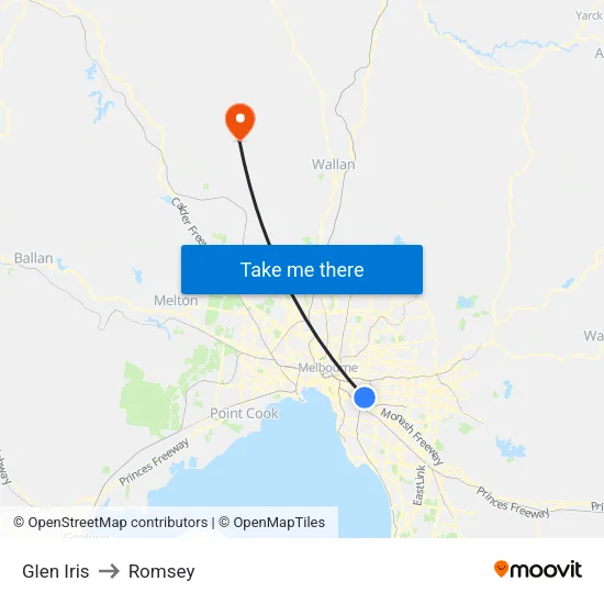 Glen Iris to Romsey map