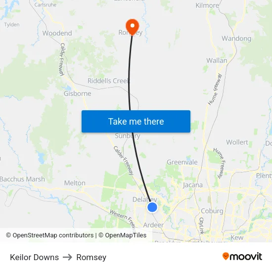 Keilor Downs to Romsey map