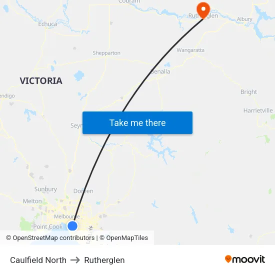 Caulfield North to Rutherglen map