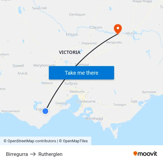 Birregurra to Rutherglen map