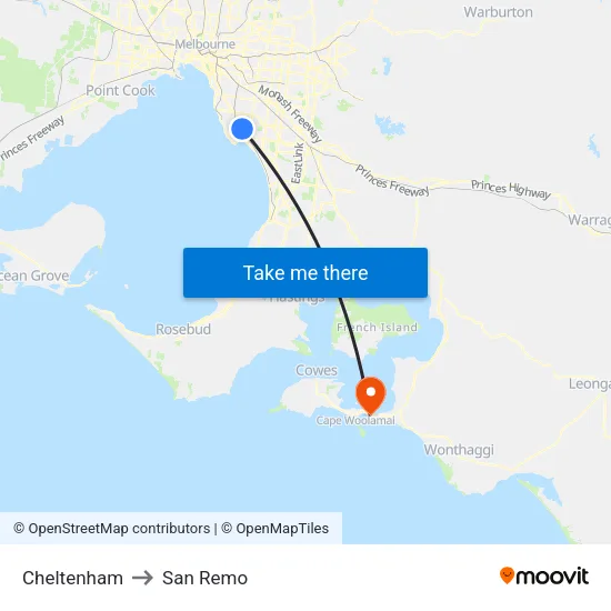 Cheltenham to San Remo map