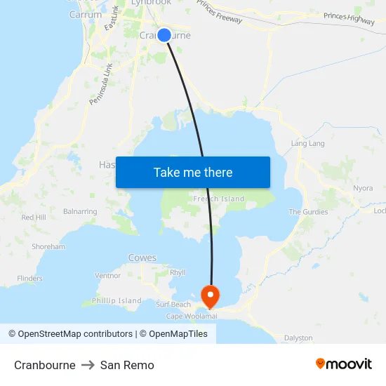 Cranbourne to San Remo map