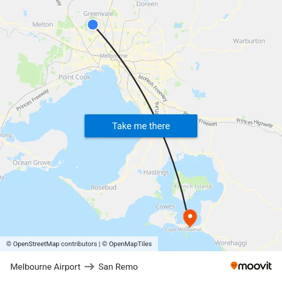 Melbourne Airport to San Remo map