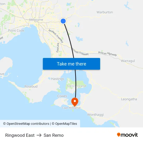 Ringwood East to San Remo map