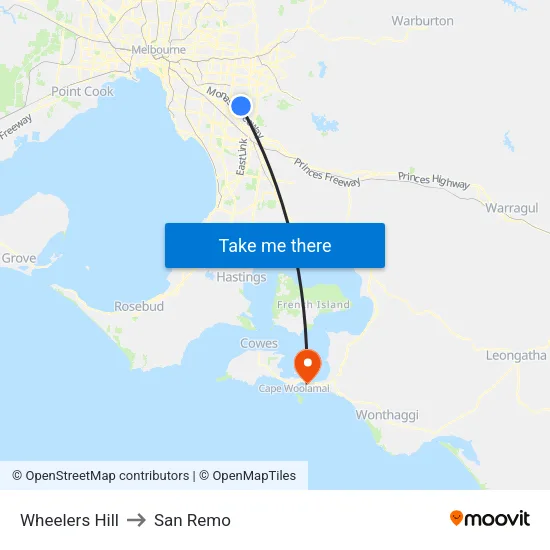 Wheelers Hill to San Remo map