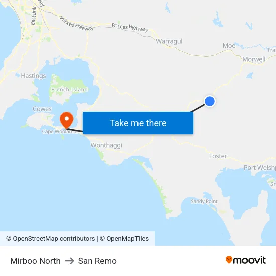 Mirboo North to San Remo map