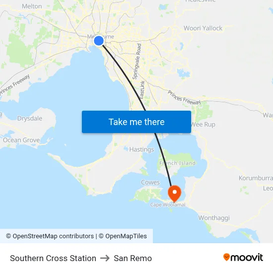 Southern Cross Station to San Remo map