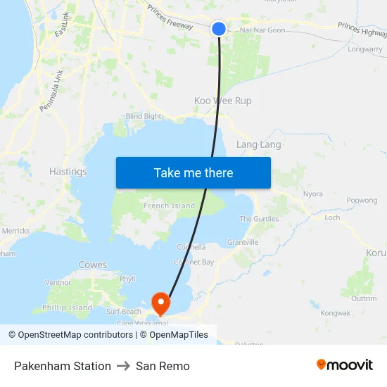 Pakenham Station to San Remo map