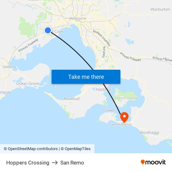 Hoppers Crossing to San Remo map