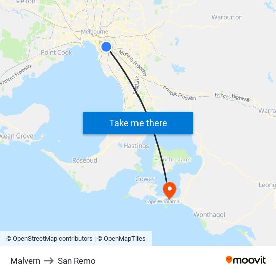 Malvern to San Remo map