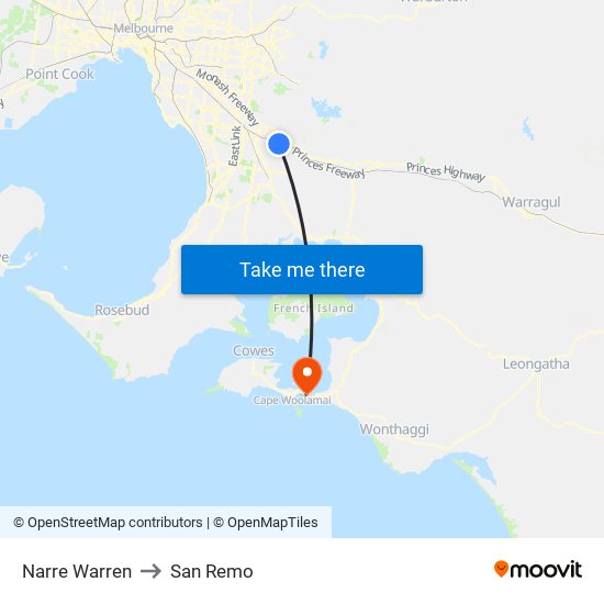 Narre Warren to San Remo map