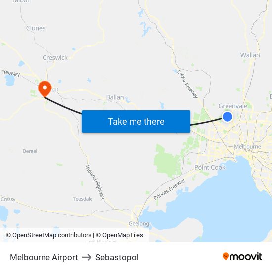 Melbourne Airport to Sebastopol map