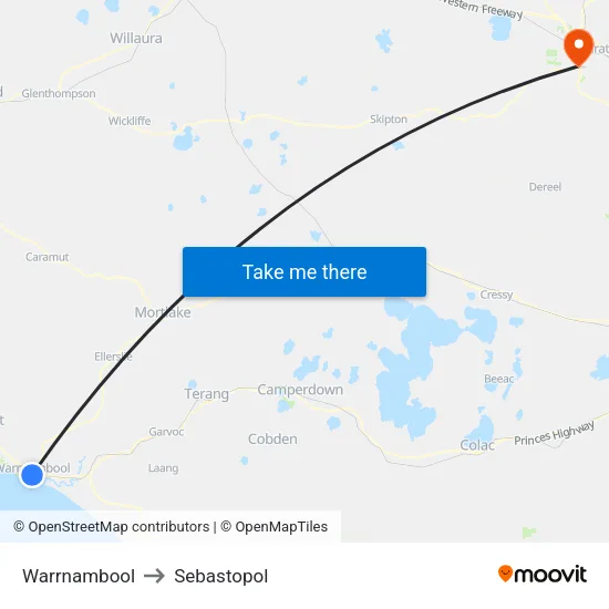 Warrnambool to Sebastopol map