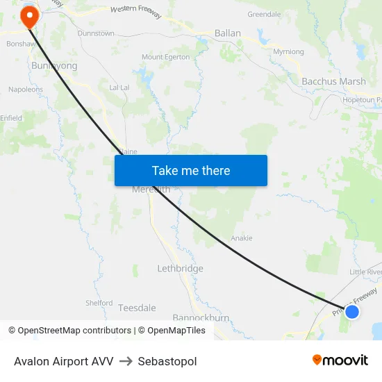 Avalon Airport AVV to Sebastopol map