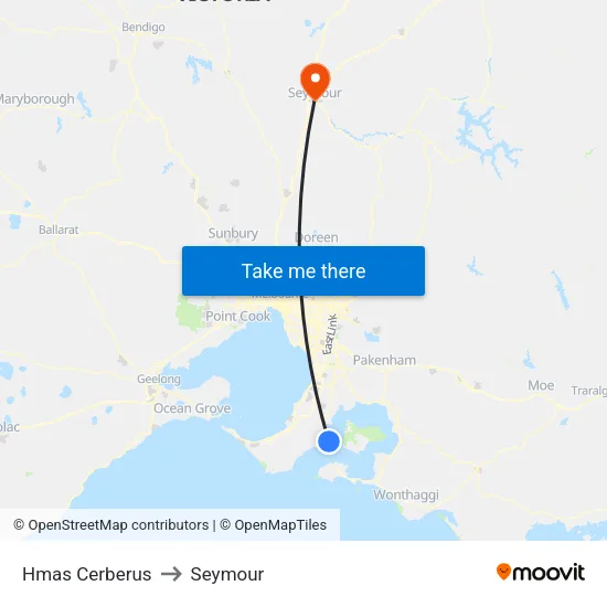 Hmas Cerberus to Seymour map