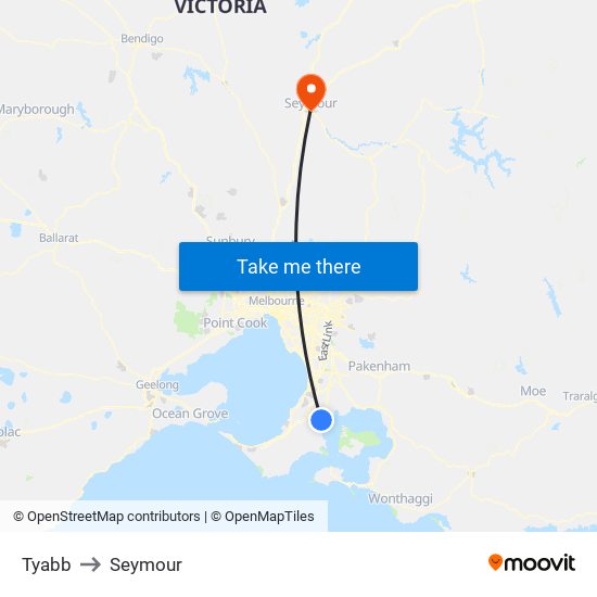 Tyabb to Seymour map