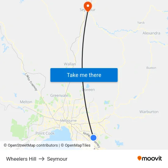 Wheelers Hill to Seymour map