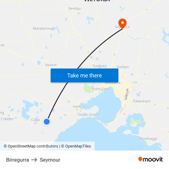 Birregurra to Seymour map