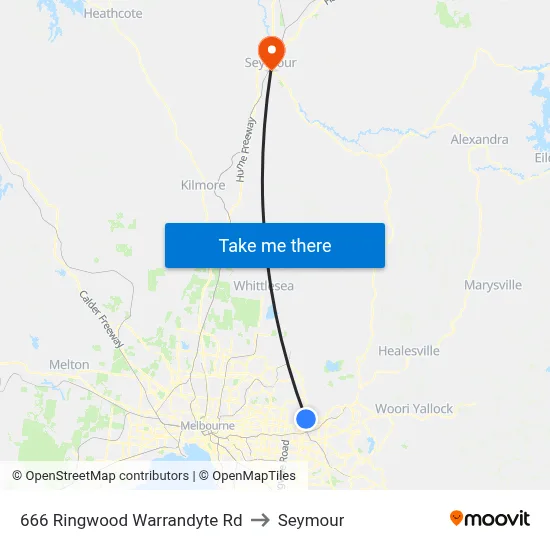 666 Ringwood Warrandyte Rd to Seymour map
