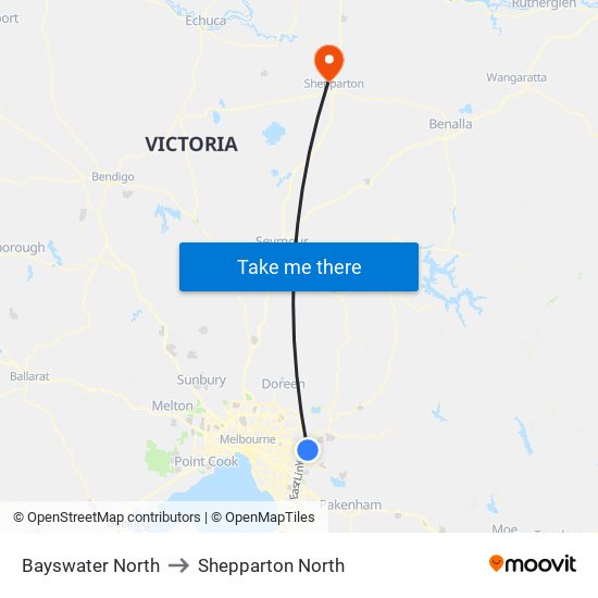 Bayswater North to Shepparton North map