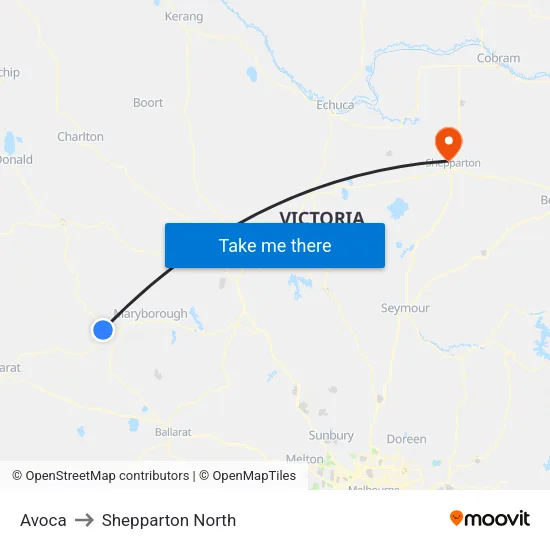 Avoca to Shepparton North map
