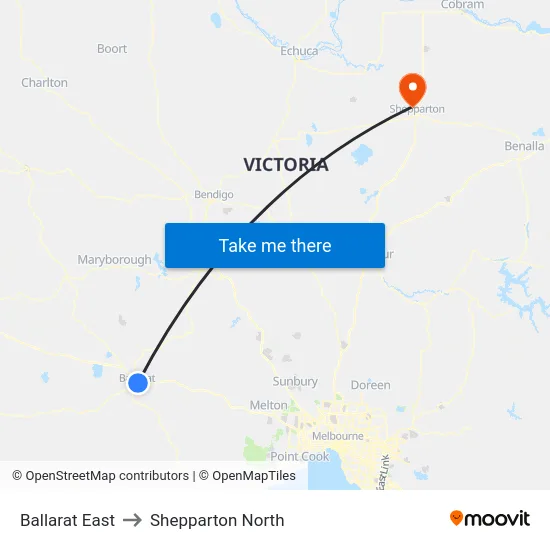 Ballarat East to Shepparton North map