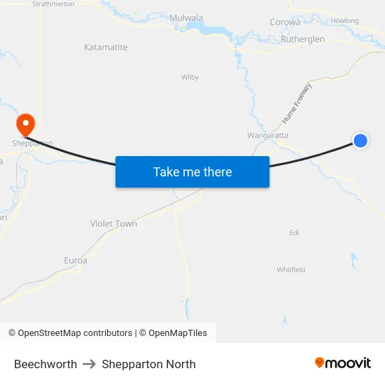 Beechworth to Shepparton North map
