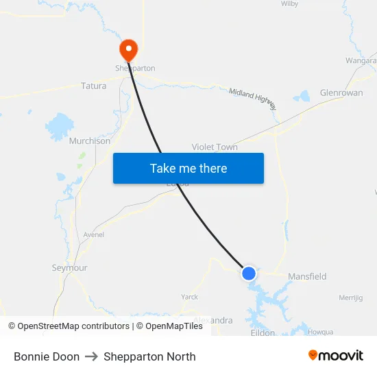 Bonnie Doon to Shepparton North map