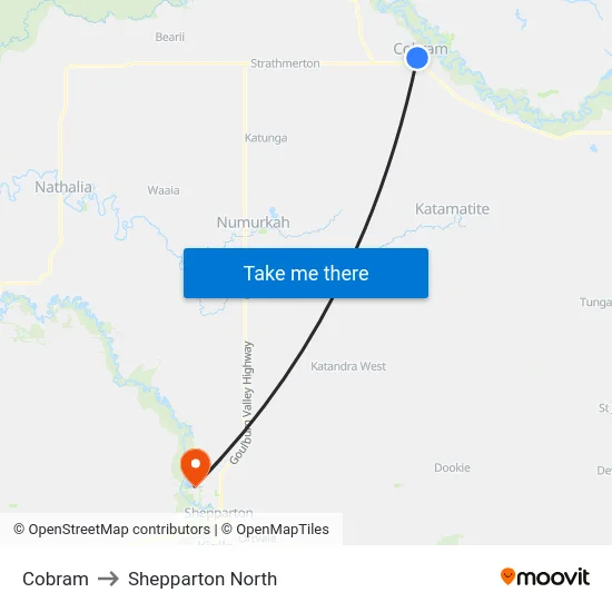 Cobram to Shepparton North map
