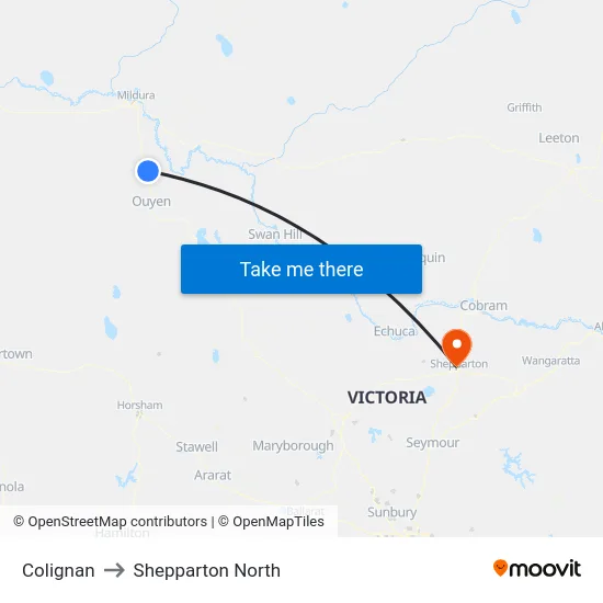 Colignan to Shepparton North map