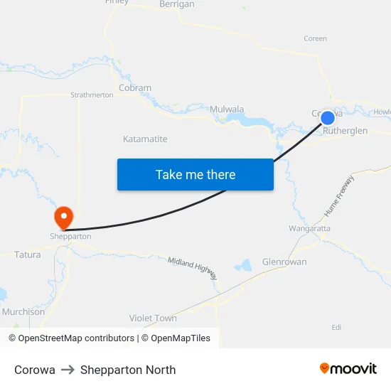 Corowa to Shepparton North map