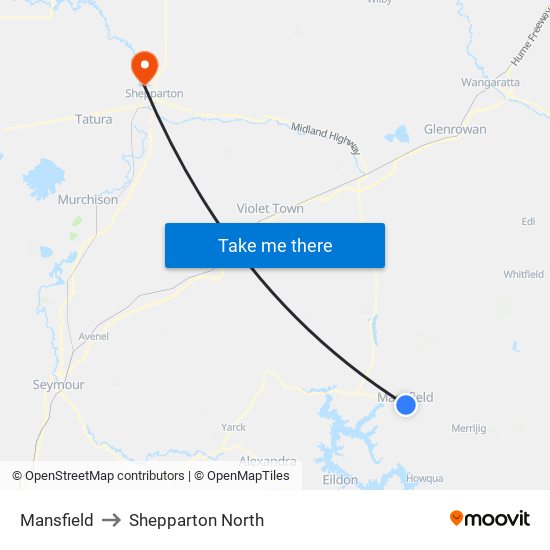 Mansfield to Shepparton North map