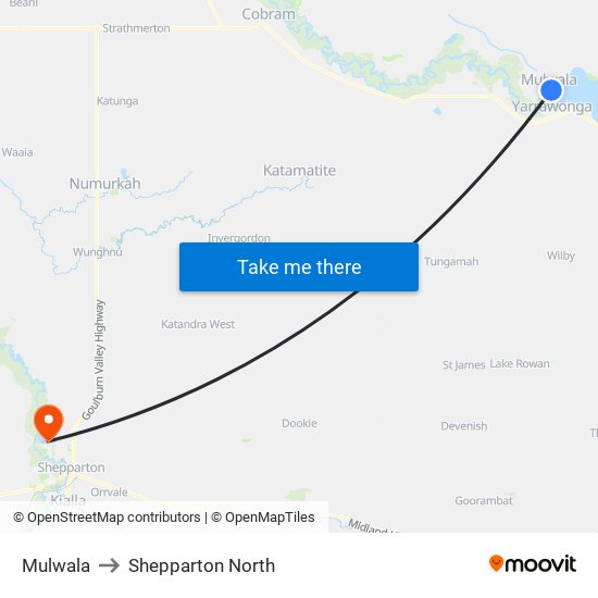 Mulwala to Shepparton North map