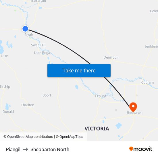 Piangil to Shepparton North map