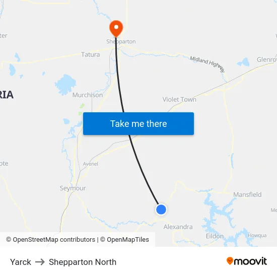 Yarck to Shepparton North map